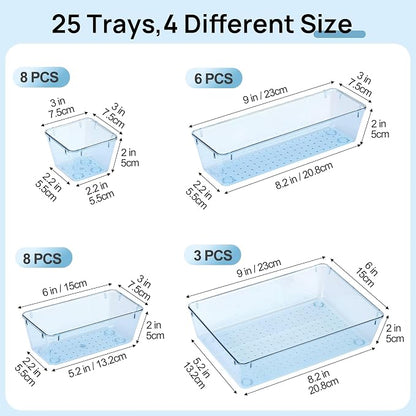Vtopmart 25 PCS Plastic Drawer Organizers Set, 4-Size Versatile Bathroom and Vanity Drawer Organizer Trays, Storage Bins for Makeup, Bedroom, Kitchen Gadgets Utensils and Office