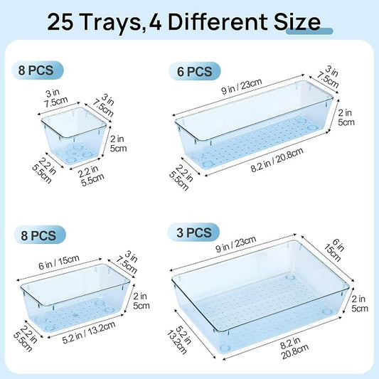 Vtopmart 25 PCS Plastic Drawer Organizers Set, 4-Size Versatile Bathroom and Vanity Drawer Organizer Trays, Storage Bins for Makeup, Bedroom, Kitchen Gadgets Utensils and Office