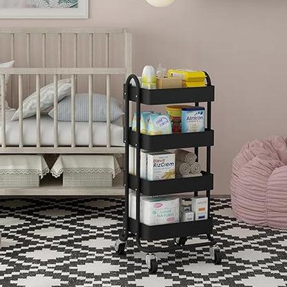 4-Tier Metal Rolling Cart with Wheels,4 Tier Utility Cart with Wheels for Office,Home,Kitchen,Garden（13.4"x18.1"x40"） Black