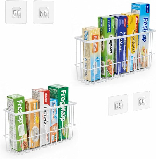 2 Pack Aluminum Foil and Plastic Wrap Organizer,Wall Mounted Cabinet Door Organizer,Kitchen Pantry Organizers and Storage,Wrapping Paper Shelf for Sandwich, Freezer, Ziplock Bag, White