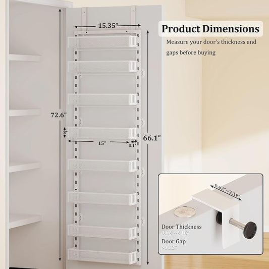 Over the Door Pantry Organizer, 8-Tier Over the Door Spice Rack with Adjustable Baskets, Wall-Mounted or Hanging Shelves for Kitchen, Laundry Room, Bathroom(White, 15.35"W x 5.2"D x 72.6"H)