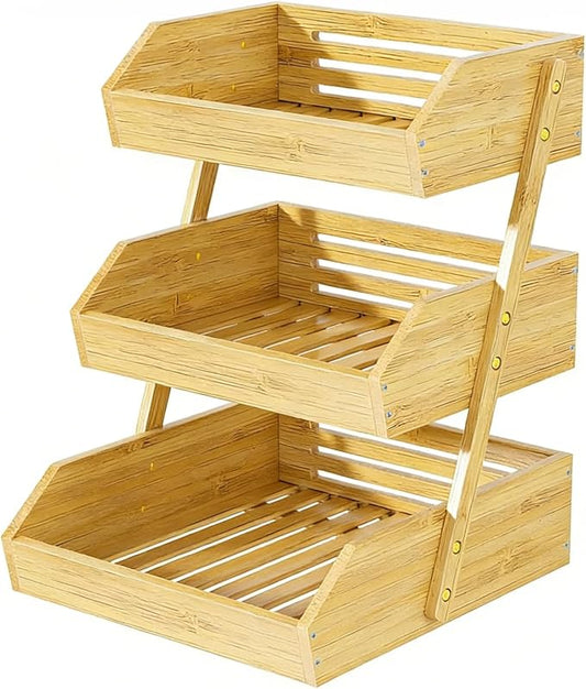 Simple Trending 3-Tier Natural Bamboo Fruit & Vegetable Basket Organizer, Ventilated Countertop Kitchen Storage with 2 Removable Banana Hooks, Sturdy for Fruits, Veggies, Snacks, Bread, Easy Assemble
