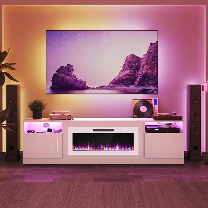 PRETZI Fireplace TV Stand with 36" Fireplace Up to 90" TVs, 80" Entertainment Center with LED Lights, Remote Control, TV Media Console with Storage Cabinets for Living Room, White+White