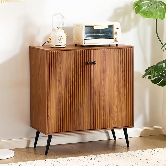 EROMMY Fluted Sideboard Buffet Cabinet, Wooden Storage Cabinet with Adjustable Shelf, Multifunctional Accent Cabinet with Adjustable Shelves for Living Room, Dining Room, Entry, Hallway, Walnut