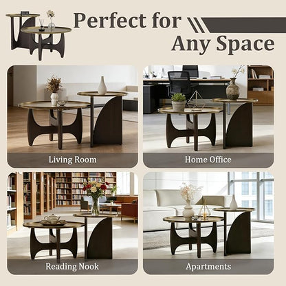 ACEDÉCOR Wood Living Room Table Set, Round Coffee Table Set with1 End Table, 2 Piece Living Room Set with Walnut Geometric Legs and Brushed Gold Tray Top, Easy to Clean