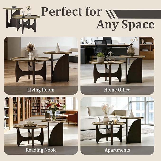 ACEDÉCOR Coffee Table and End Table Sets, Round Center Table Set with 2 Side Tables, Solid Wood Coffee Table Set, 3 Piece Living Room Table Set for Apartment Home