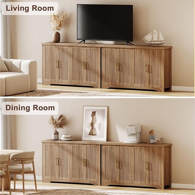 Fluted Buffet Cabinet with Storage Accent Sideboard,Modern Credenza with 4 Doors & Adjustable Shelves,Wood Coffee Bar Table Console for Dining Room Kitchen Living Room Entryway,Natural Oak