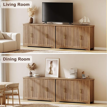 Fluted Buffet Cabinet with Storage Accent Sideboard,Modern Credenza with 4 Doors & Adjustable Shelves,Wood Coffee Bar Table Console for Dining Room Kitchen Living Room Entryway,Natural Oak