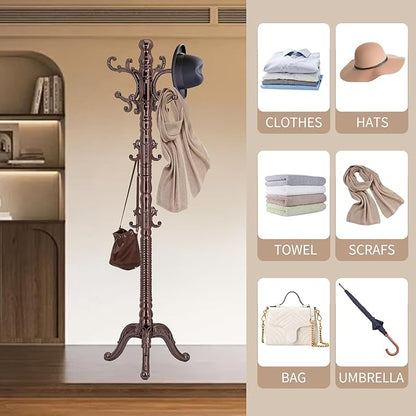 Wood Coat Rack Stand, Classic Wooden Coat Rack Freestanding with Sturdy Triangle Base, Vintage Coat Racks with 14 Hooks, Natural Birch Wood Entryway Corner Office Coat Hall Tree Hanger Stand
