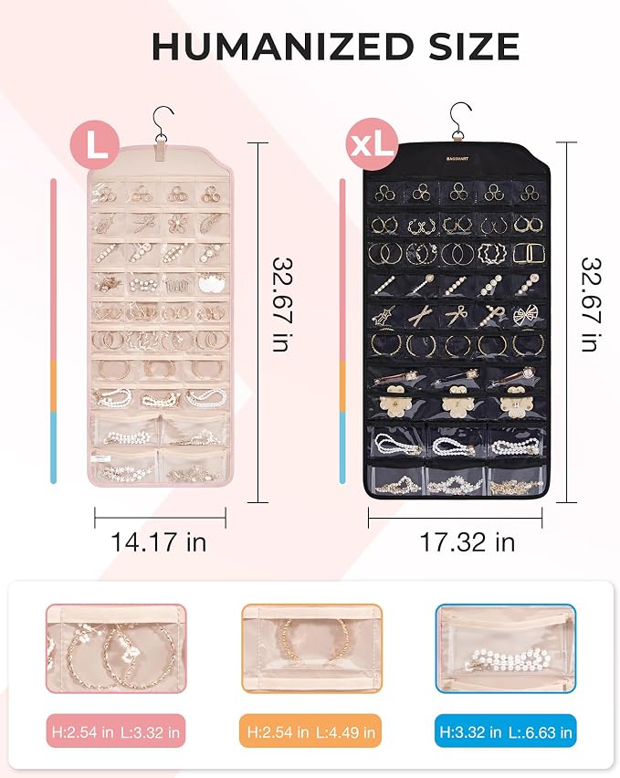 BAGSMART Hanging Jewelry Organizer, 68 Pocket Earring Holder for Wall, Extra Large Jewelry Storage, Black, 1 Piece