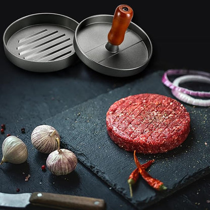 PIQUEBAR Burger Press Patty Maker Stainless Steel Hamburger Patty Press Mold Wood Handle Non-Stick with 100 Patty Papers