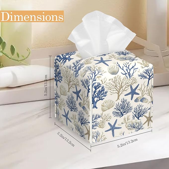 Leather Tissue Box Holder Shells and Starfish Tissue Box Cover Square Waterproof Holder Organizer Modern Napkin Holder for Bedroom Dresser Night Stand Office Desk