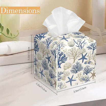 Leather Tissue Box Holder Shells and Starfish Tissue Box Cover Square Waterproof Holder Organizer Modern Napkin Holder for Bedroom Dresser Night Stand Office Desk