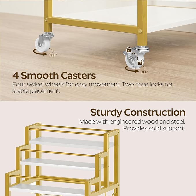 Bar Cart, 3 Tier Home Bar Serving Cart with Glass Holder, Versatile Display Wine Rack Trolley, for Living Room, Kitchen, Gold BC08DW
