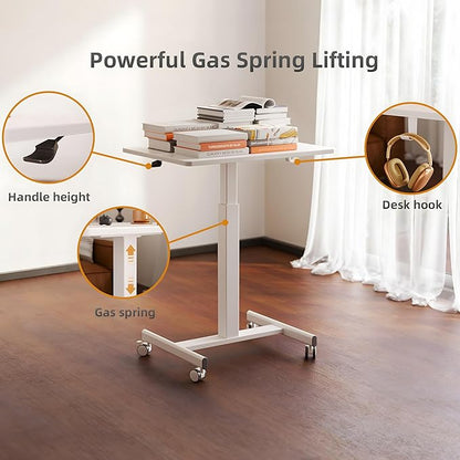 YDN Mobile Mobile Standing Desk, Adjustable Height Portable Laptop Desk with Lockable Wheels, 25.5" x 18.8" Rolling Desk with Hook for Computer Workstation, White