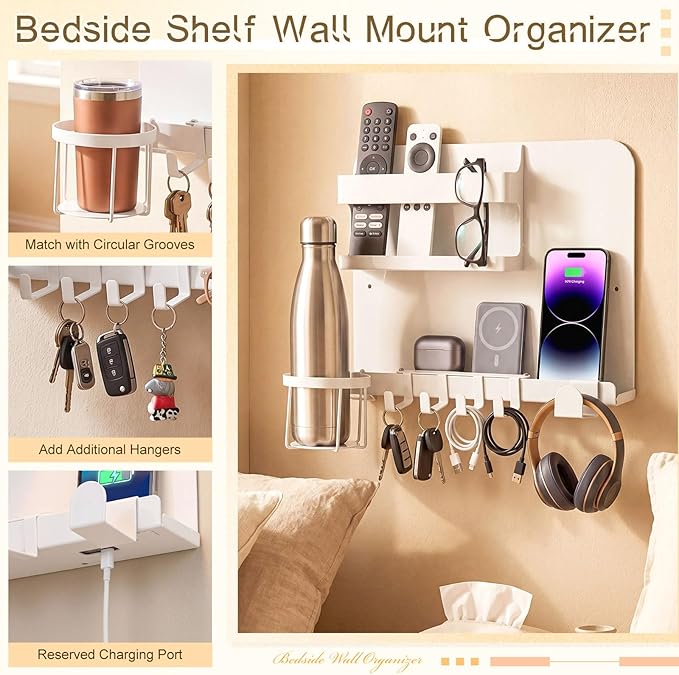 Novabright White 13 x 10 Inch Bedside Wall Organizer for Bedroom, Large Metal Floating Bedside Shelf Wall Mount Storage for Phone Remote Control Cup Holder Dorm Room, Rv, Small Room Accessories