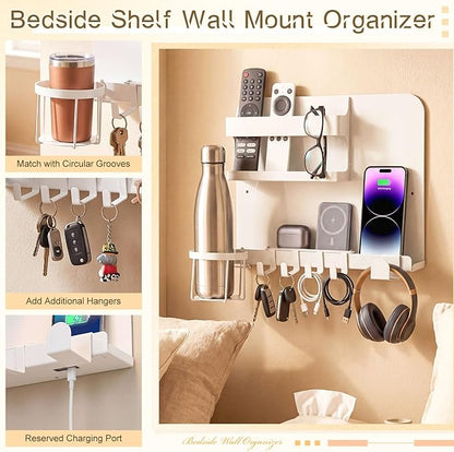 Novabright White 13 x 10 Inch Bedside Wall Organizer for Bedroom, Large Metal Floating Bedside Shelf Wall Mount Storage for Phone Remote Control Cup Holder Dorm Room, Rv, Small Room Accessories