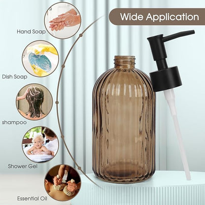 13.5oz Stripe Glass Soap Dispenser with Black Plastic Pump, 400ml Liquid Hand Soap Dispenser, Rustproof Pump for Kitchen & Bathroom, Great for Lotions, Essential Oil, Liquid Soaps-Amber