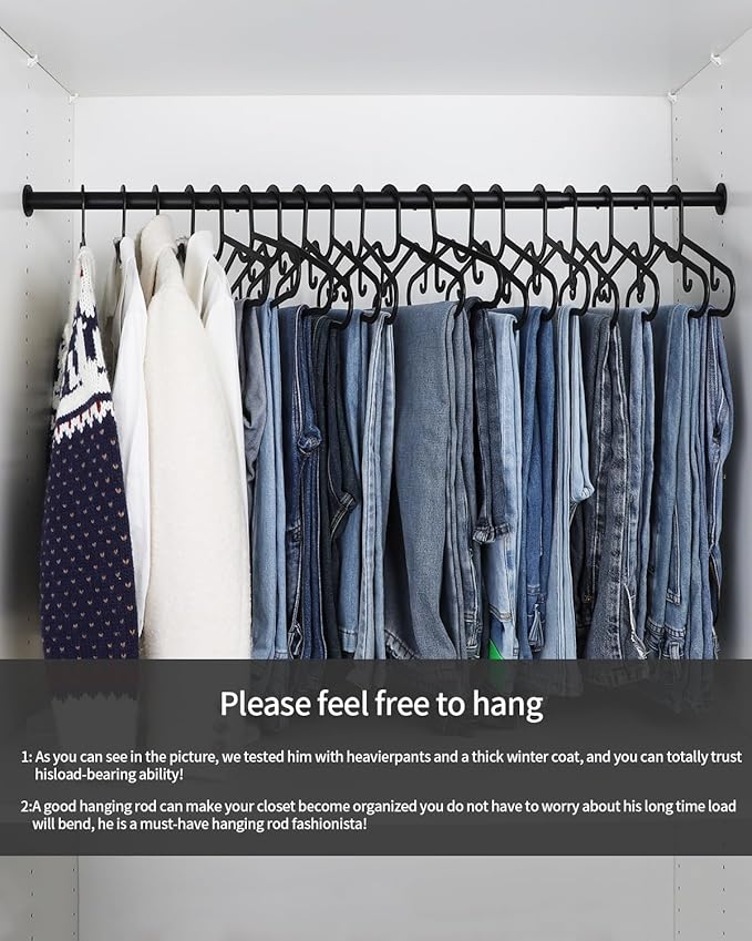 Adjustable Closet Rods for Hanging Clothes 17 to 108 inch Black Heavy Duty clothes rod for closet, Laundry, Bathroom, RV Closet Organization and Storage(Extra long)