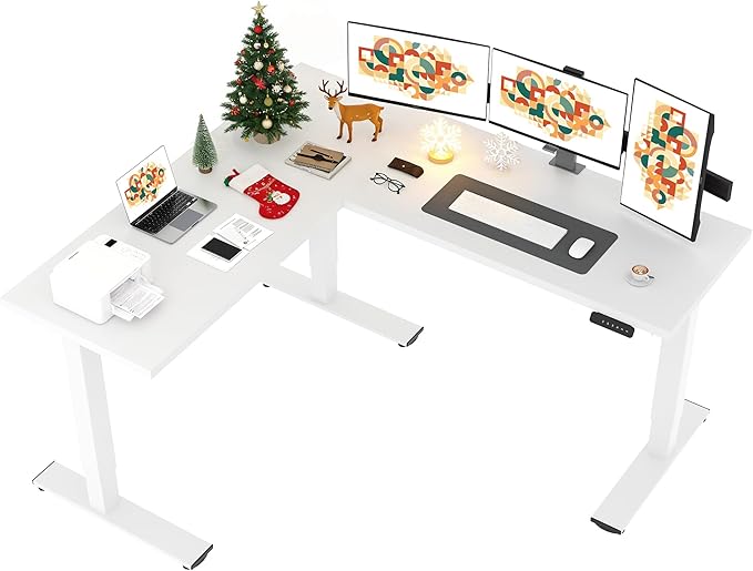 SANODESK L Shaped Standing Desk Adjustable Height, Electric Corner Standing Desk, 71 x 63 inch Sit Stand Computer Table with Splice Board, White