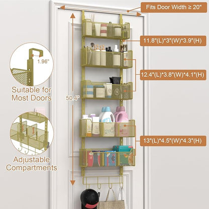 VyGrow Over The Door Organizer, Metal Door Organizer Hanging with 5 Adjustable Baskets and Coat Hook, Behind The Door Storage for Bedroom Closet Bathroom Pantry Cabinet Kitchen, Gold