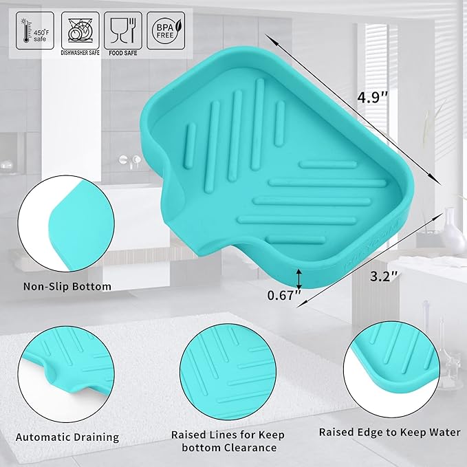 MicoYang Silicone Soap Dish with Drain Spout, Self-Draining Sink Organizer Tray for Bathroom and Kitchen, Sponges, Dispensers and Soap Holder, Non-Slip and Dishwasher Safe, Mint (Compact, 4.9"×3.2")