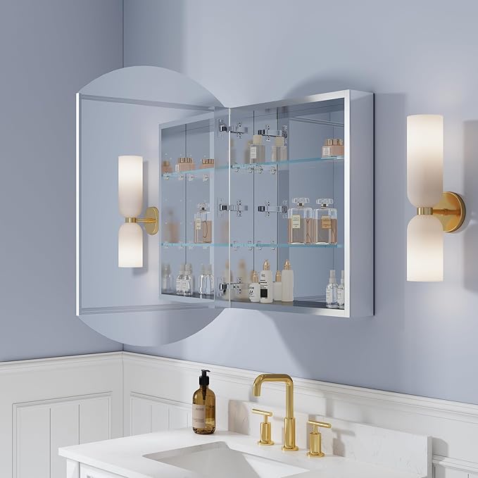 WELLFOR 20" x 32" Bathroom Oval Medicine Cabinet, Beveled Edge Mirror Cabinet, Medicine Cabinet with Adjustable Shelves, Bathroom Cabinet with Reverse Door Installation, Surface or Recessed Mount