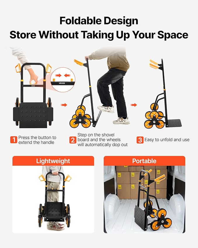 VEVOR Stair Climbing Cart, 770 lbs Stair-Climbing Capacity, Heavy-Duty Folding Trolley Cart with Telescoping Handle, 6 Wheels and 2 Bungee Cords, Stair Climber Dolly for Home, Groceries, Warehouse
