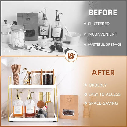 DWTS Coffee Bar Accessories,Coffee Station Organizer with Multi-Functional,CoffeeBar Decor for Accessories,2 Tier Wooden Shelf Gold Metal Station Organizer for Countertop,Syrup