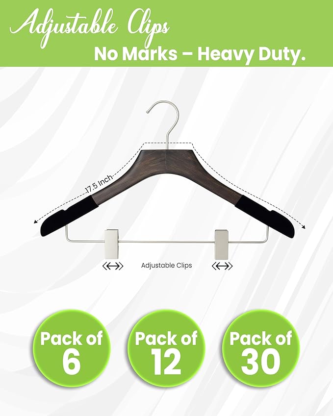 Wooden Hangers with Clips for Women, Solid Wood Skirt & Suit Hangers, Heavy-Duty Adjustable Non-Slip Design with Velvet Grip, Mahogany with Black Velvet, 6 pcs