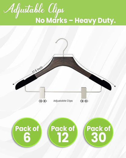 Wooden Hangers with Clips for Women, Solid Wood Skirt & Suit Hangers, Heavy-Duty Adjustable Non-Slip Design with Velvet Grip, Mahogany with Black Velvet, 6 pcs