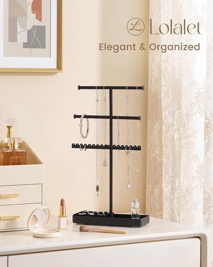 Lolalet 3-Tier Jewelry Organizer Stand, Metal Jewellery Holder, Dresser Display Rack for Necklace Earring Bracelets Rings, Gift for Women Girls -Black