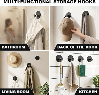 Towel Hooks for Bathroom (4 Pack) Adhesive Towel Hook Shower Hooks for Inside Shower - Sticky Bathroom Wall Hooks for Hanging Towels, Robe, Loofah, Bath Sponge (Style 2 - Black)