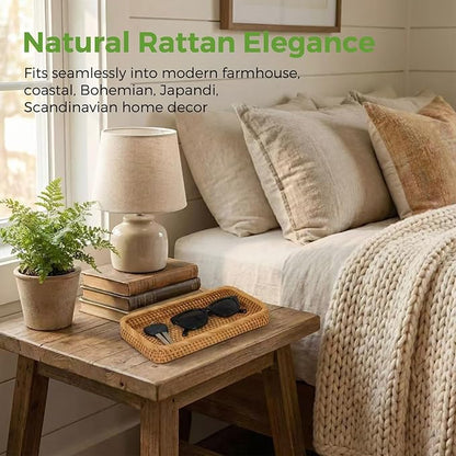 Small Rattan Serving Tray, Natural Wicker Decorative Tray for Trinket Ring Cosmetic, Rectangular Keys Basket Jewelry Perfume Trays for Coffee Table Entryway Living Room(10" × 5.1")