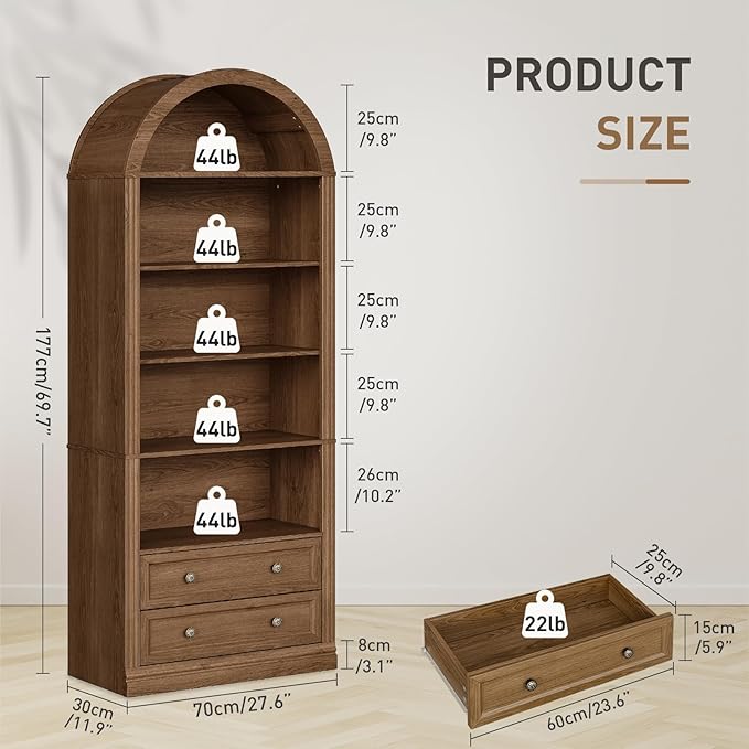 Farmhouse Arched Bookshelf Set of 2, 7 Tiers Arch Bookcase with 2 Spacious Drawers, Modern Book Shelf with Open Display Shelves and Storage Cabinet, for Office, Living Room, Kitchen, Walnut