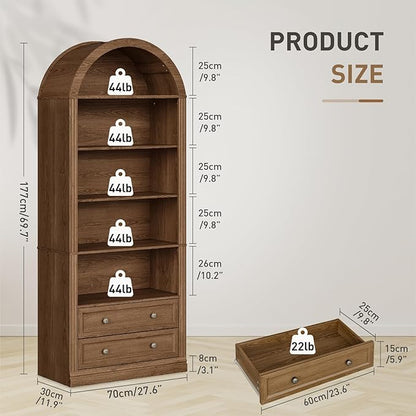 Farmhouse Arched Bookshelf, 7 Tiers Arch Bookcase with 2 Spacious Drawers, Modern Book Shelf with Open Display Shelves and Storage Cabinet, for Office, Living Room, Kitchen, Walnut