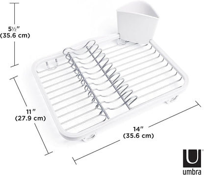 Umbra Sinkin Dish Drying Rack – Drainer Caddy with Removable Cutlery Holder – Use in Sink or On Counter, Standard, White/Nickel