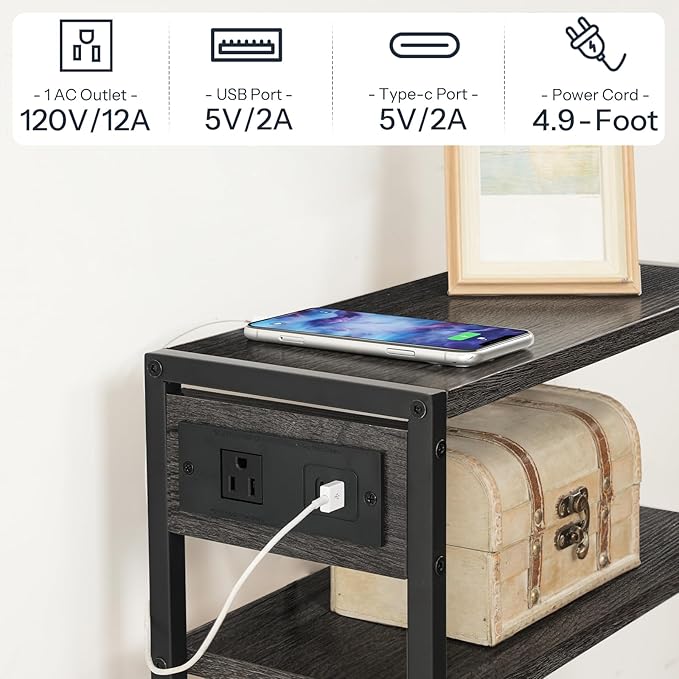 HOOBRO Small Narrow Side Table with Charging Station, Skinny End Table for Small Spaces, Slim Nightstand with USB Ports Outlet, Sofa Beside Table with Storage Shelf,Black and Charcoal Black BC102UBZ01