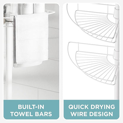 Zenna Home Tension Pole Shower Caddy Corner Organizer, Adjustable Standing Shower Caddy with 4 Baskets and Built in Towel Bar, Rust Resistant Bathroom Tension Rod Organizer, 60 to 97 Inch, White