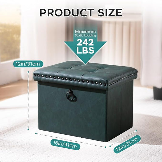 oakvivo Small 16 x 12 x12 Inches Folding Storage Ottoman, Faux Leather Foot Rest Stool with Rivet Design, Ottoman with Storage Vanity Stool Coffee Table for Living Room, Bedroom, Load 242 lbs, Green