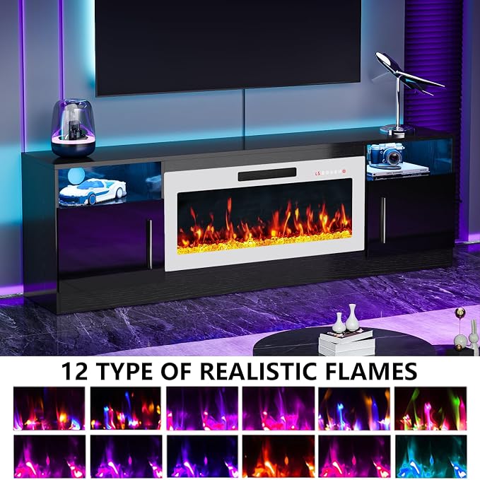 PRETZI Fireplace TV Stand with 36" Fireplace Up to 80" TVs,70" Entertainment Center with LED Lights,Remote Control,TV Media Console with Storage Cabinets for Living Room,White+Black