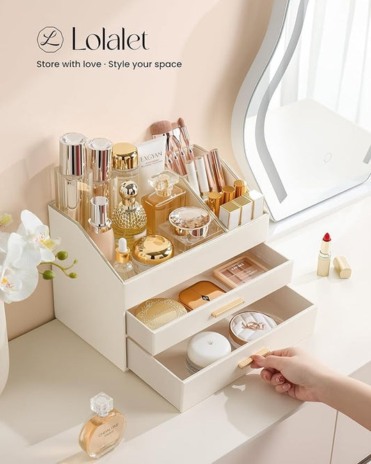Lolalet Makeup Organizer for Vanity Desk, 3-Layer PU Leather Luxury Make Up Storage Cosmetics Holder Box with Drawers -Cream