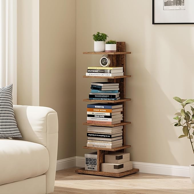 TUTOTAK Narrow Bookshelf, 6-Tier Bookcase, Spine Book Shelf for Small Space, Corner Standing Shelf for Living Room, Office, Study, Entryway, Rustic Brown BS06BB016