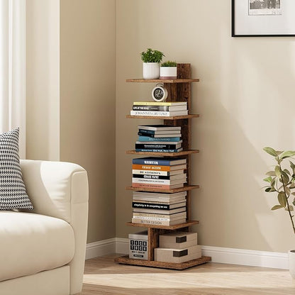 TUTOTAK Narrow Bookshelf, 6-Tier Bookcase, Spine Book Shelf for Small Space, Corner Standing Shelf for Living Room, Office, Study, Entryway, Rustic Brown BS06BB016