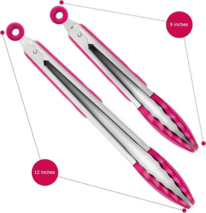 2 Pack Silicone Kitchen Tongs – 9" & 12" Set, Heat Resistant up to 500°F, Non‑Stick Cookware Safe, Wavy Silicone Tips, BPA Free, Locking Clip & Hanging Loop, Wine Red