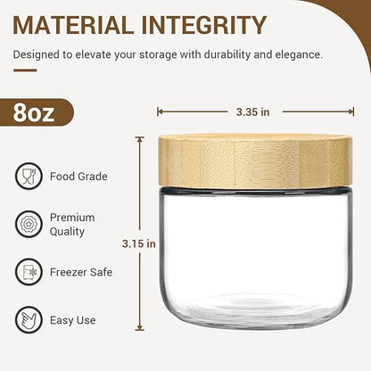 NETANY 4-pack 8oz Glass jars with Airtight Lids, Overnight Oats Containers with Bamboo Lids, Wide mouth Mason Salad jars, Glass Food Storage Containers for Snacks Yogurt Spice Sugar