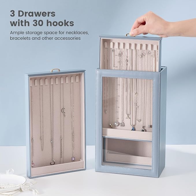 Lolalet Necklace Organizer Box, Jewelry Storage Box with Clear Window for Necklaces Bracelets, Tangle-Free Necklace Display Case for Women Girls, Dusty Blue, 3 Layers 30 Hooks