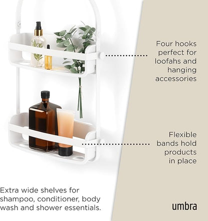 Umbra Flex Hanging Shower Caddy with 2 Shelves, Bathtub Shelf and Bathroom Organizer, White