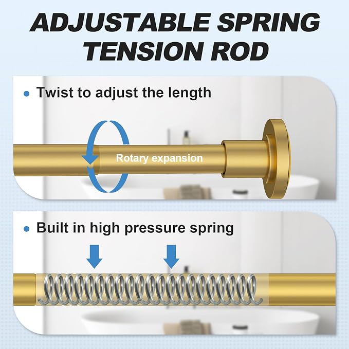 CorkLatta Gold Shower Curtain Rod 31 to 68 Inch,1 Inch Diameter Adjustable Spring Tension Stainless Steel Telescoping Rod,Easy Install,No Rust
