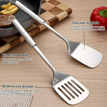 ReaNea Stainless Steel Cooking Utensils Set 6 Pieces, Kitchen Tools Set Include Metal Spatula Set, Skimmer, Ladle, Tong, Whisk, Kitchen Gadgets Essentials New Home Must Have